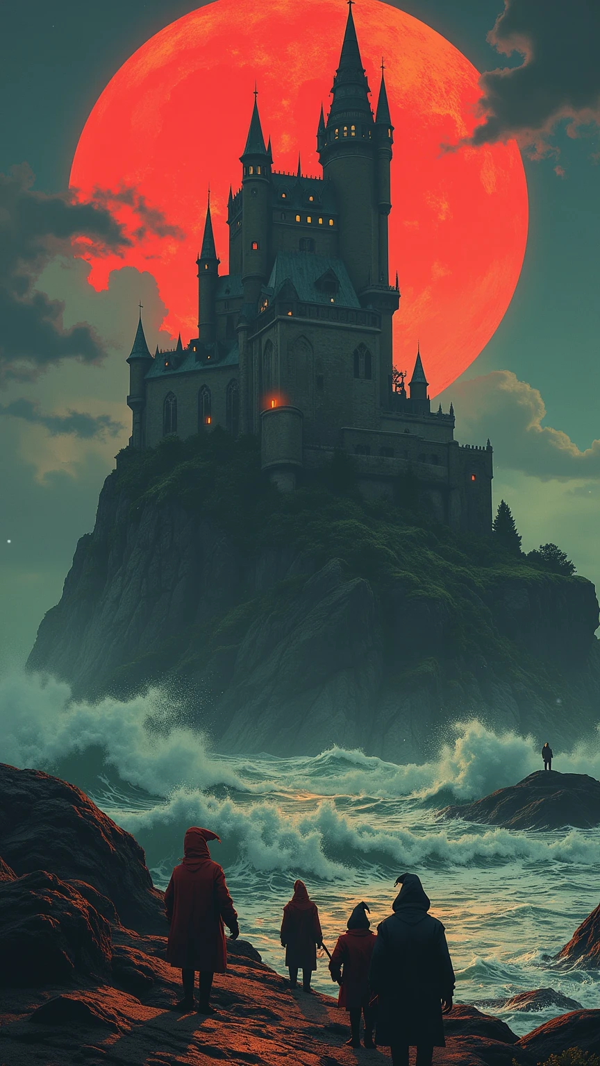 wallpaper, Lonely Island ,  Gothic medieval tower ,  front view,  huge full moon on the skyline behind the tower,  many wizards in colorful hoodies head to the tower , Larger Tower , red moon, Waves roll on the way to the tower