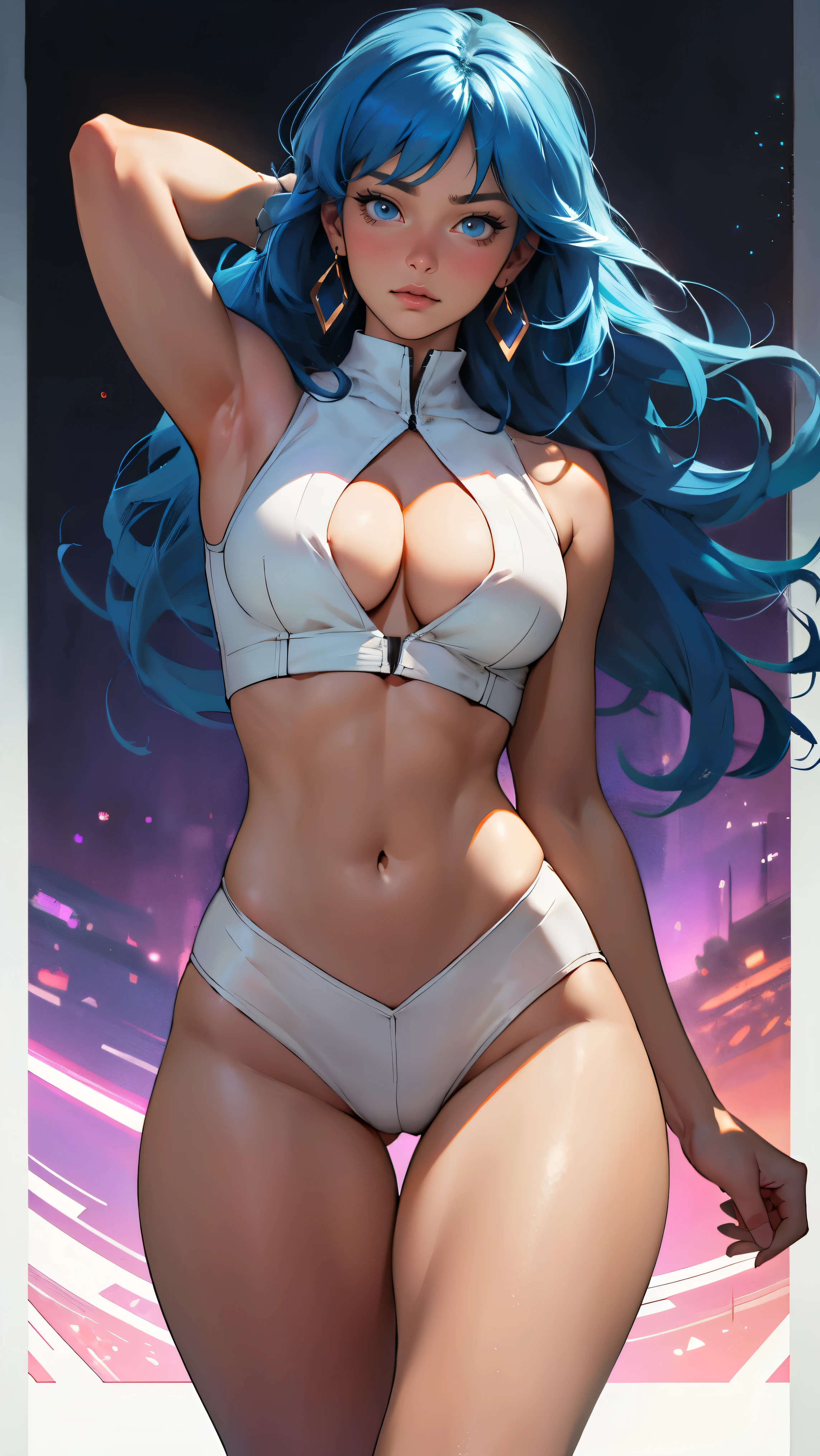 ((Masterpiece, highest quality; 1.3)), super quality, beautiful detail, super detailed, extra fine, 16K, exquisite, absurd, high resolution, beautiful background, detailed background, beautiful eyes, beautiful skin, anime style, dirtypairyuri, Dirty Pair Yuri in a skimpy white outfit, long blue hair, blue eyes, earrings, white uniform, white crop top, cutout, sleeveless, wearing tight clothing, skimpy, (breasts: 1.2), cleavage, cleavage, , obliques, fit arms, slim waist, ((wide hips)), fit thighs, (thigh gap), showing stomach, (skinny frame), wide hips, cyberpunk city background, holding a retro space gun