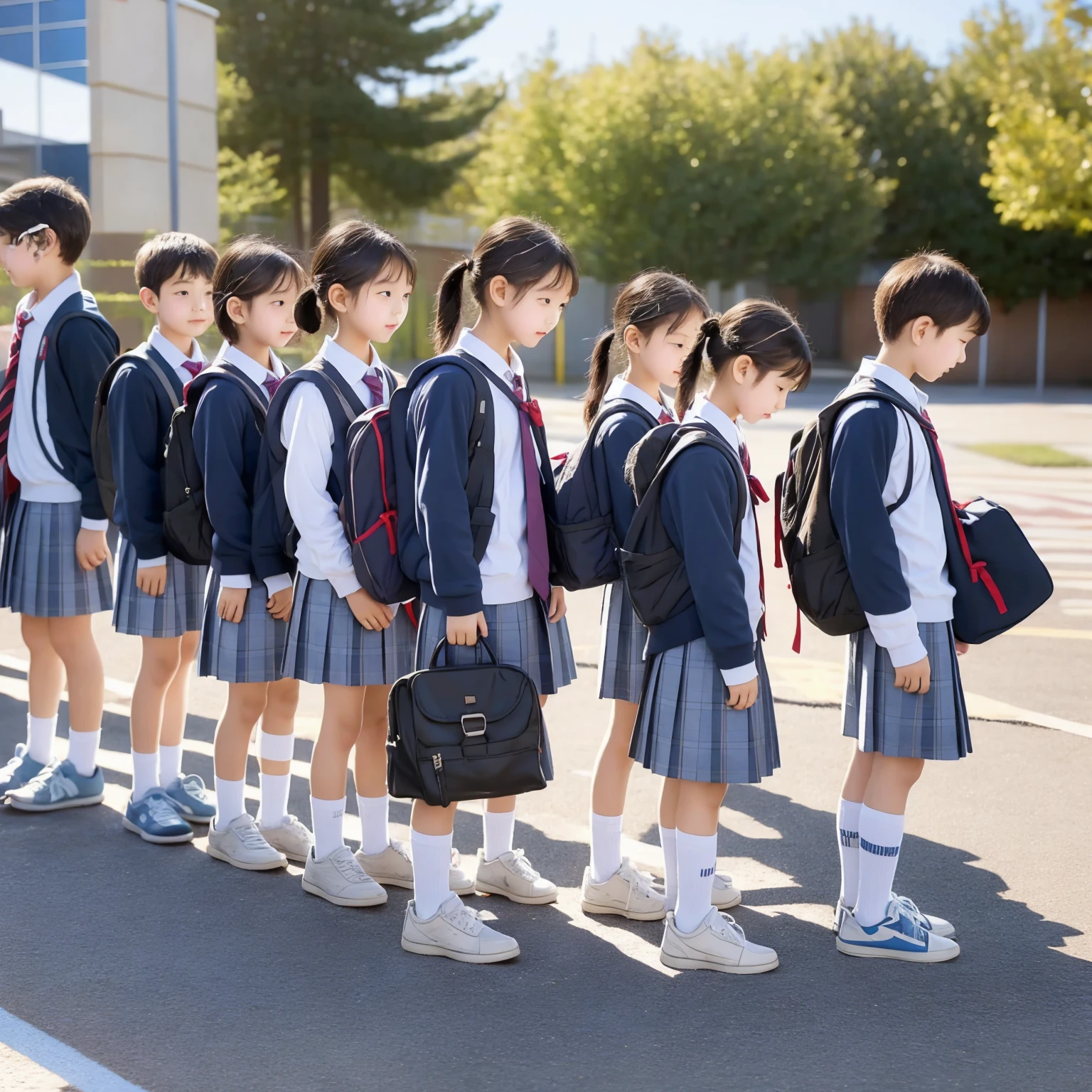  s,Elementary school students quietly line up before entering the classroom,cute, Masterpiece, Details