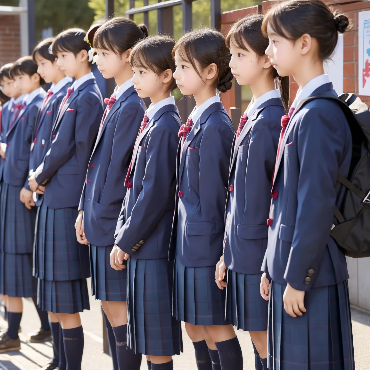  s,Elementary school students quietly line up before entering the classroom,cute, Masterpiece, Details