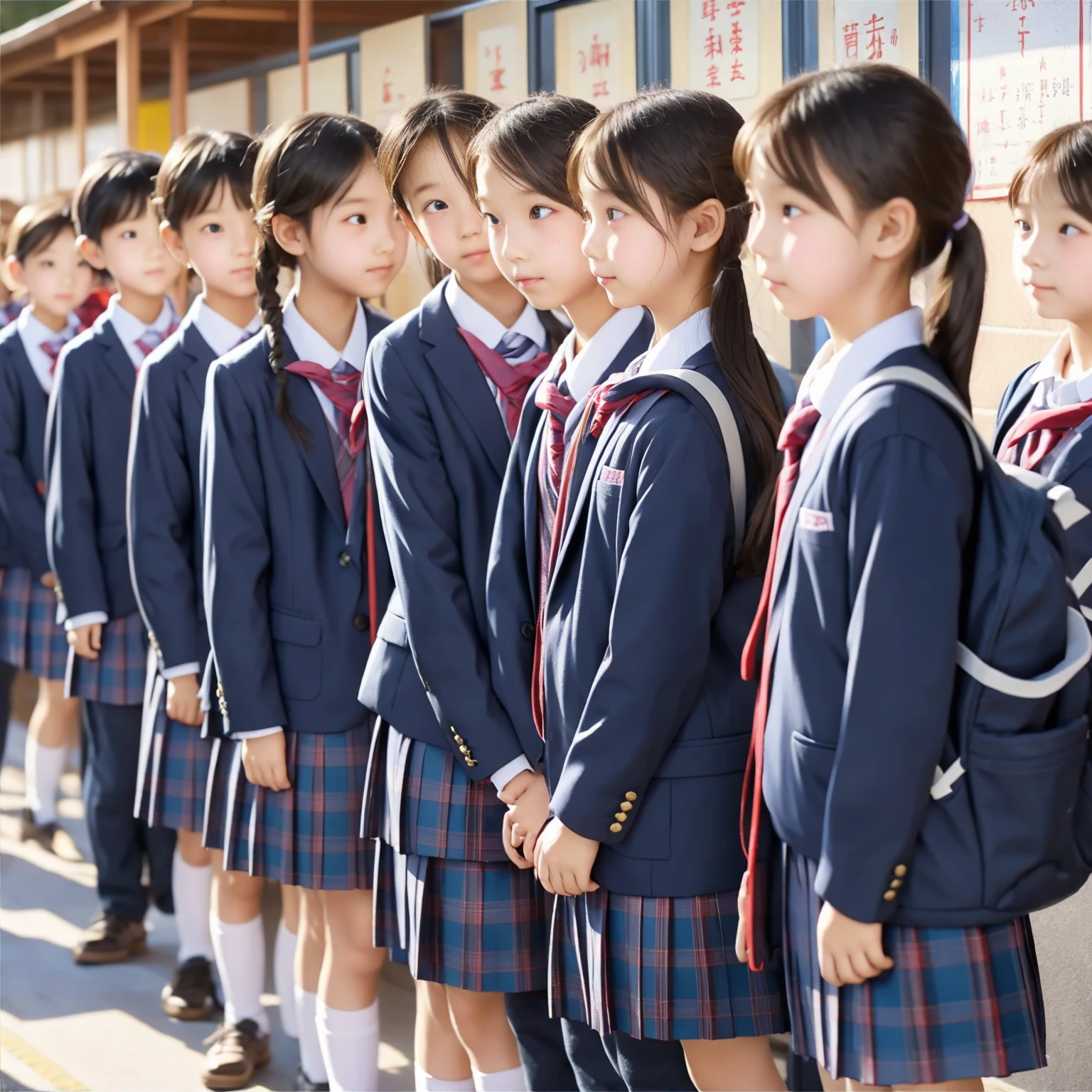  s,Elementary school students quietly line up before entering the classroom,cute, Masterpiece, Details