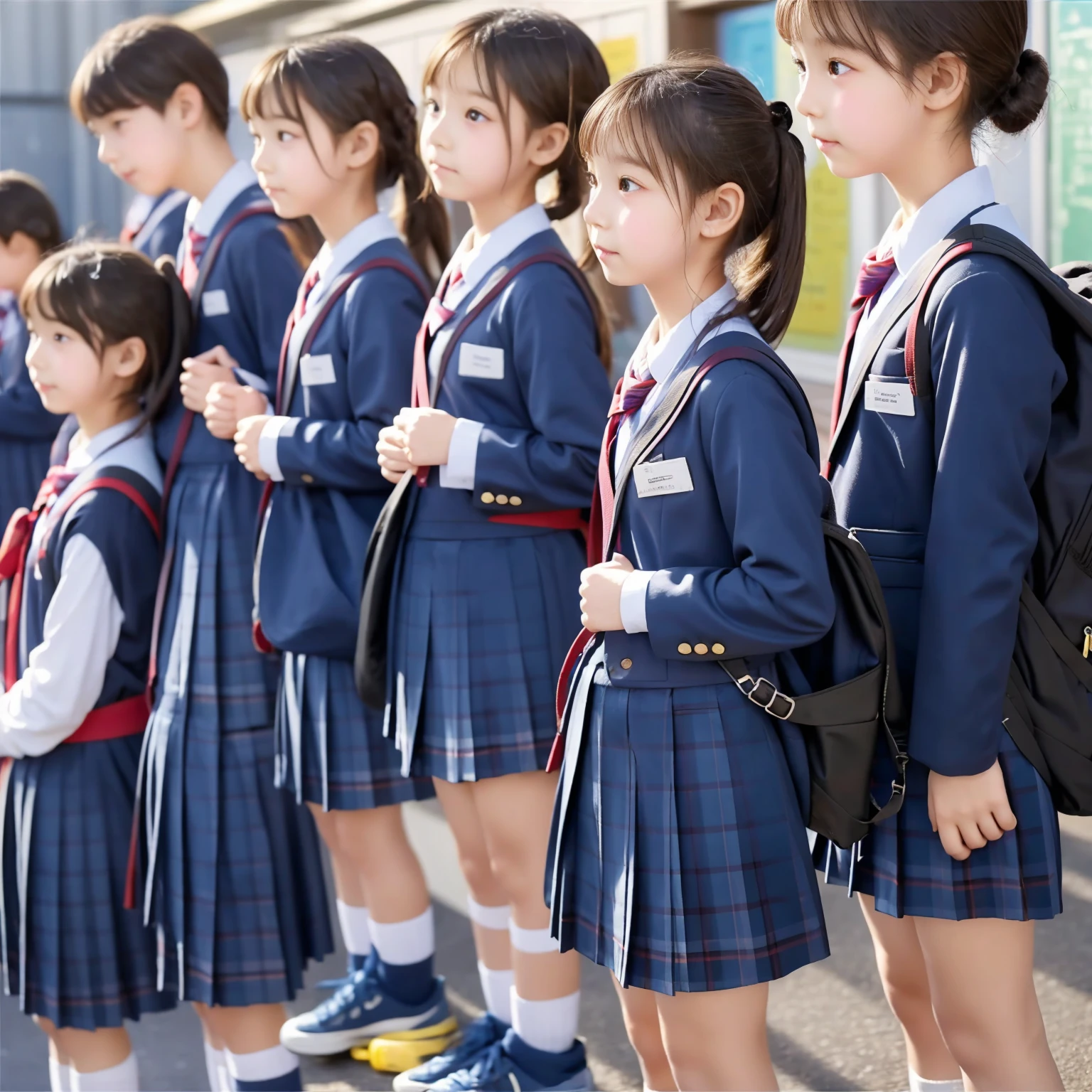  s,Elementary school students quietly line up before entering the classroom,cute, Masterpiece, Details