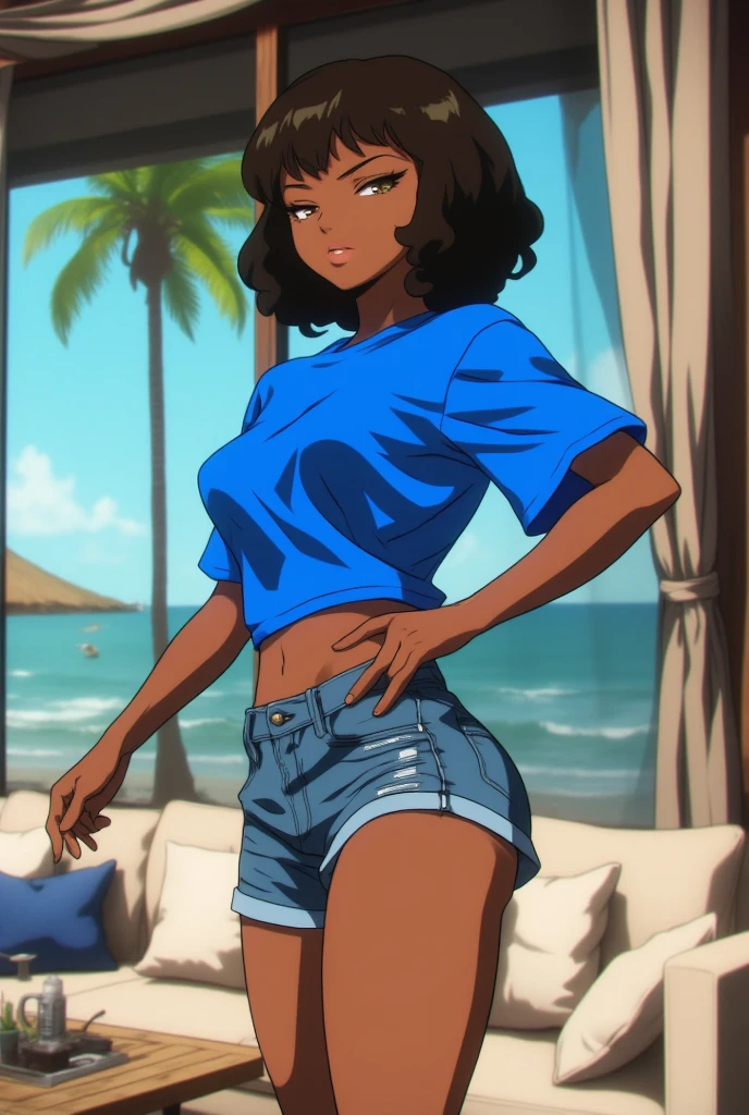 Dark-skinned young woman in bright blue shirt, denim shorts, high heels, short black hair, luxury beach themed home interior, full body, sexy girl