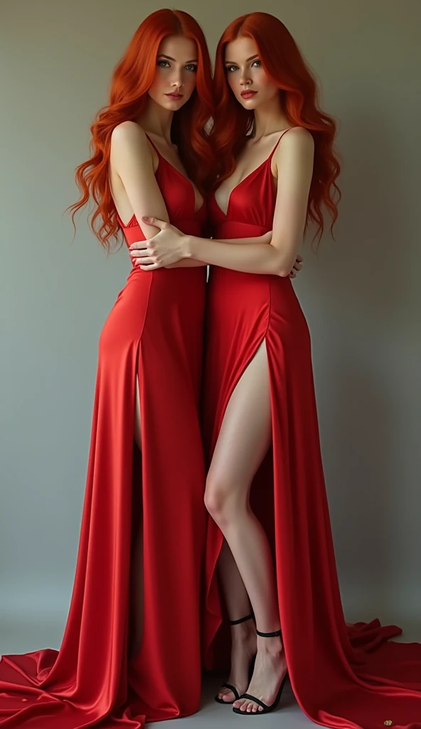 (full-body shot:1) Realistic images (Standing posture:1) Surrealism, photography, Long red hair, Korean ladies, 2, Hourglass figure, Perfect body, Flirty look, Medium breasts, Blurred Background, She stands in the modern square of the living room, She looks seductive,, She was wearing a red transparent babydoll dress