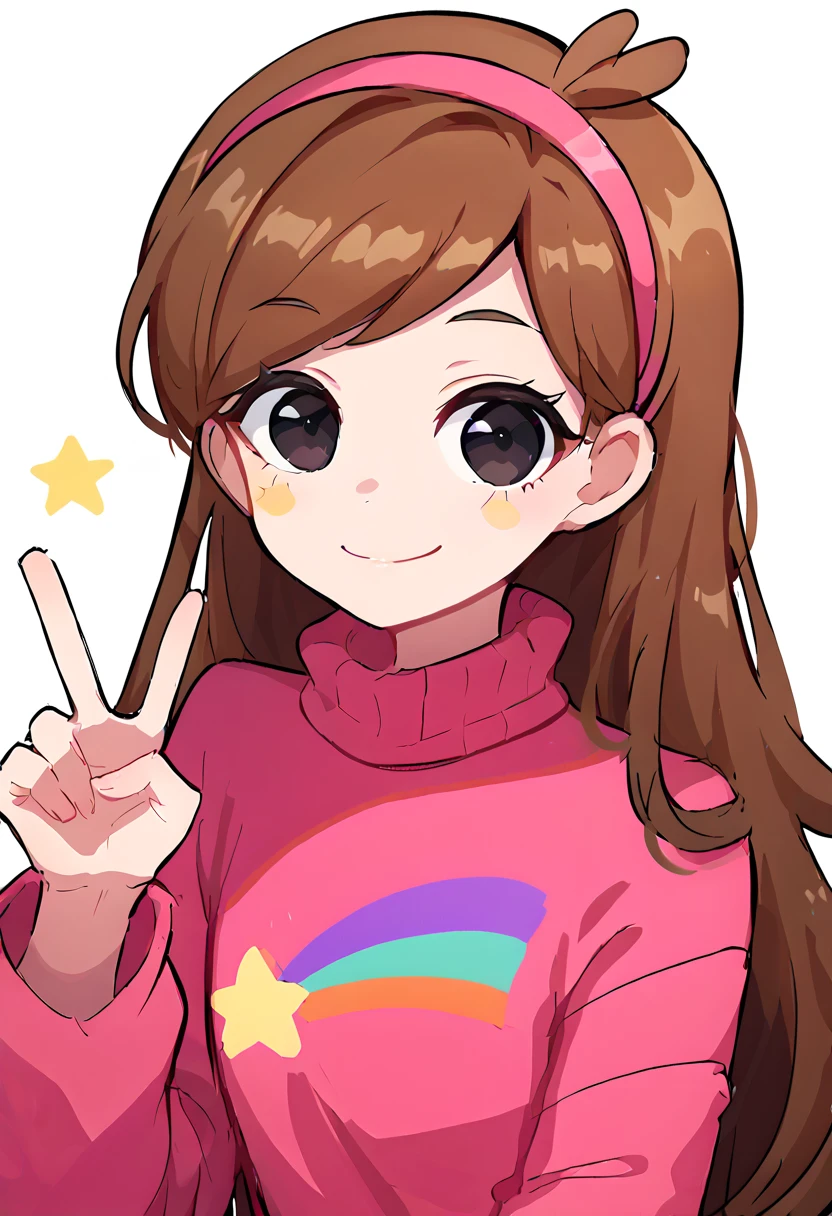 masterpiece,best quality,Mabel,1girl,peace sign,style parody,official style ,solo,long hair,red sweater,long sleevess,brown hair,black eyes,pink hairband ,upper body,rainbow,star \(symbol\),smile ,blush stickers, round bressts, cute girl, Mabel Pines