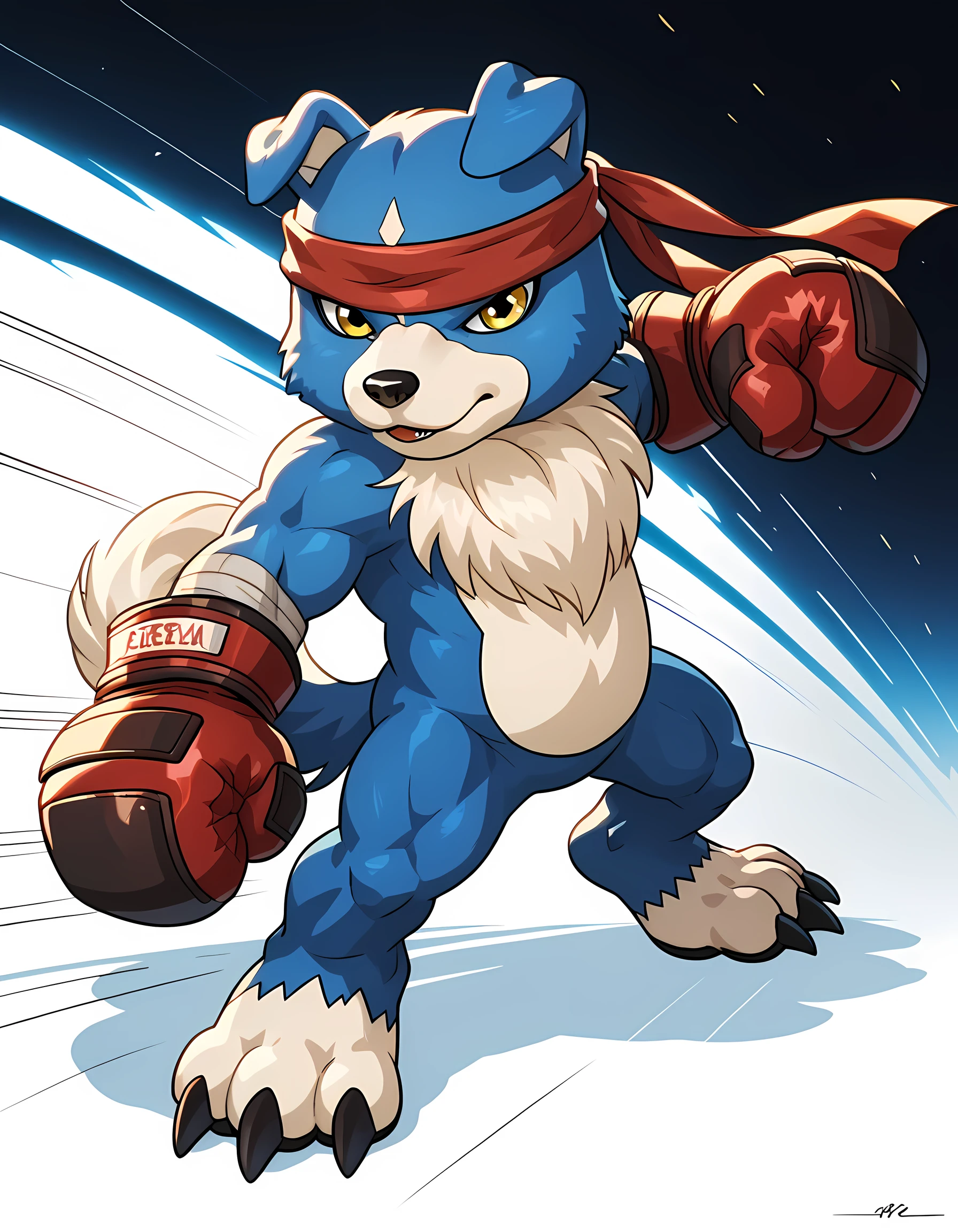 source_anime, cartoon, gaomon (character), digimon (creature), dog boy, blue body, headband, (very muscular, muscular, muscular arms, muscular legs):1.5, yellow eyes, boxing gloves, white background, detailed, (cel shaded, flat colors):1.5, full body, speed lines, by wfa,