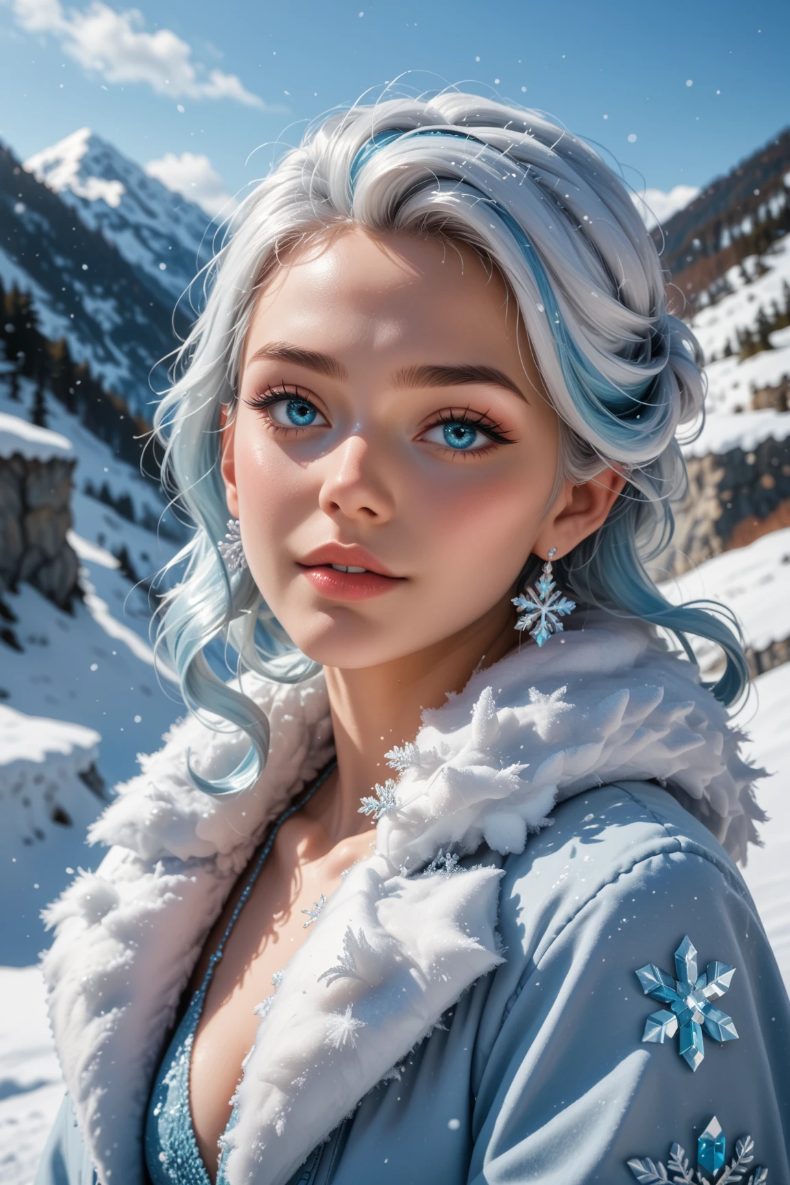 Une femme, 25 ans, cheveux longs, cheveux bleus, blue hairs, blue eyes, yeux bleus, beaucoup de Détails, dans la montagne, snowy mountain, glacier, game of throne, marcheur blanc, sexy