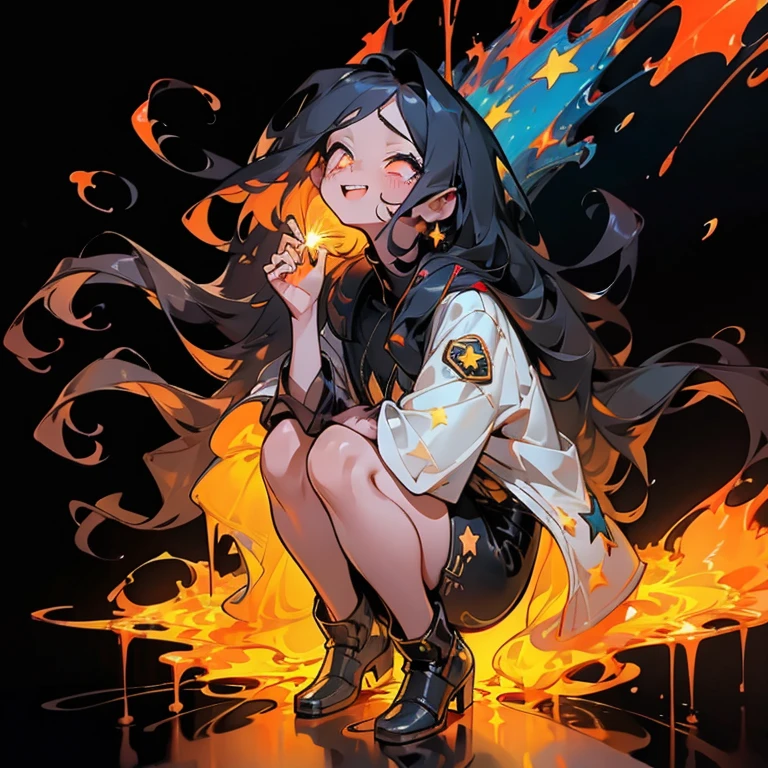  (well done: 1) woman, pale white skin, sheep ears and tail, curly hair down to black shoulders, yellow eyes, mouth piercing, black choker, white jacket with black details with furry hood, black shirt underneath, shorts black, black boots, pantyhose.