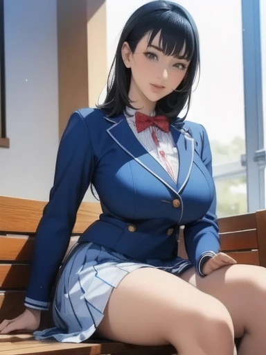 (8K, highest quality, table top:1.4), (intricate details:1.3), (realistic), (super detailed), 1 girl, alone, (married woman、40 generations)、Beautiful woman、mature woman, (Sensual smile:1.2), Front view, (leaning forward:1.2), show cleavage, looking at the viewer, tropical resort, detailed long hair, (fluffy long black hair), fine eyes,, hourglass body shape, (Sensual curvy body:1.1), (cleavage:1.2),(huge breasts:1.2), thick thighs, wide hips, small waist、(uniform),(sexy sailor suit:1.1),(pleated mini skirt)、realistic lighting, natural soft light, dynamic lighting