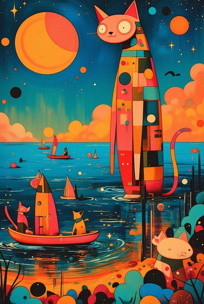   Colorful abstract painting 、  abstract surrealist masterpiece 、  Futurist Paintings  、Wyndham  ･  Cats Inspired by Cats、  Unknown Artist  、  very detailed, paints、star々、sea、Little Boat Figures 、deformed Cats