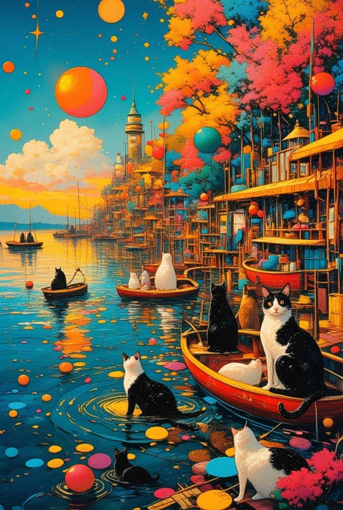   Colorful abstract painting 、  abstract surrealist masterpiece 、  Futurist Paintings  、Wyndham  ･  Cats Inspired by Cats、  Unknown Artist  、  very detailed, paints、star々、sea、Little Boat Figures 、deformed Cats