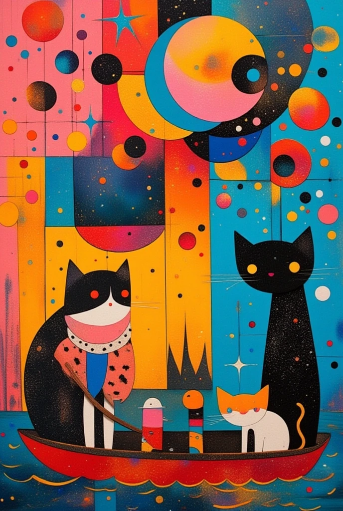   Colorful abstract painting 、  abstract surrealist masterpiece 、  Futurist Paintings  、Wyndham  ･  Cats Inspired by Cats、  Unknown Artist  、  very detailed, paints、star々、sea、Little Boat Figures 、deformed Cats