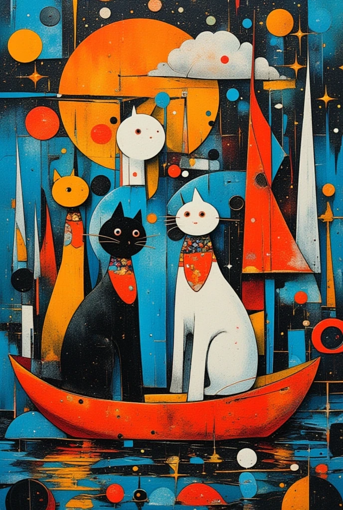   Colorful abstract painting 、  abstract surrealist masterpiece 、  Futurist Paintings  、Wyndham  ･  Cats Inspired by Cats、  Unknown Artist  、  very detailed, paints、star々、sea、Little Boat Figures 、deformed Cats