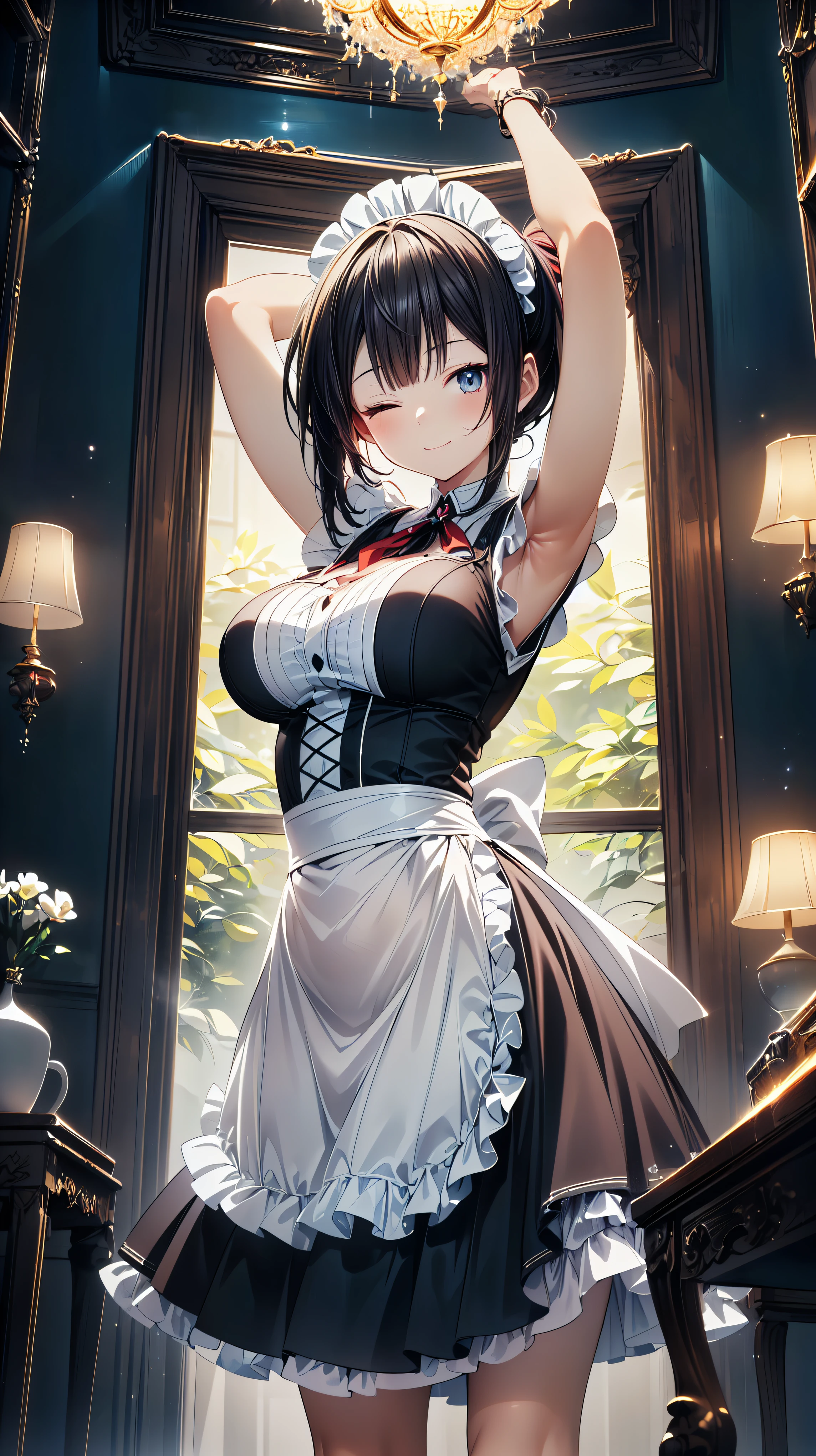 ((exquisite)), ((ultra detailed)), ((best quality)), maid, cute maid, huge breasts, (((asymmetry bangs))), ((smile, one eye closed)), ((looking at viewer, from front view)), caustics, textule shading, super detailed skin, ((perfect anatomy)), ((arms up)), amazing digital paint, (anime moe art style:1.3),