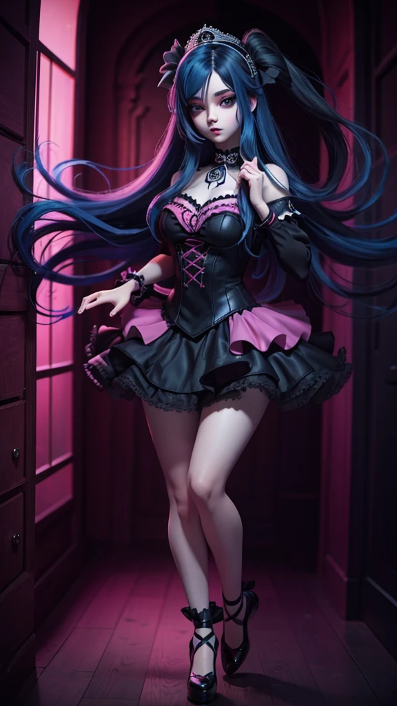 Goth kawaii magical girl heroine, (magical prom queen), (latex like clotes), (small perky breasts), (breasts), (very drunk:1.3), leaning forward, (dancing at a dark disco club), (highly detailed:1.4), (high resolution photo), (detailed face and eyes:1.4), (future funk aesthetic).