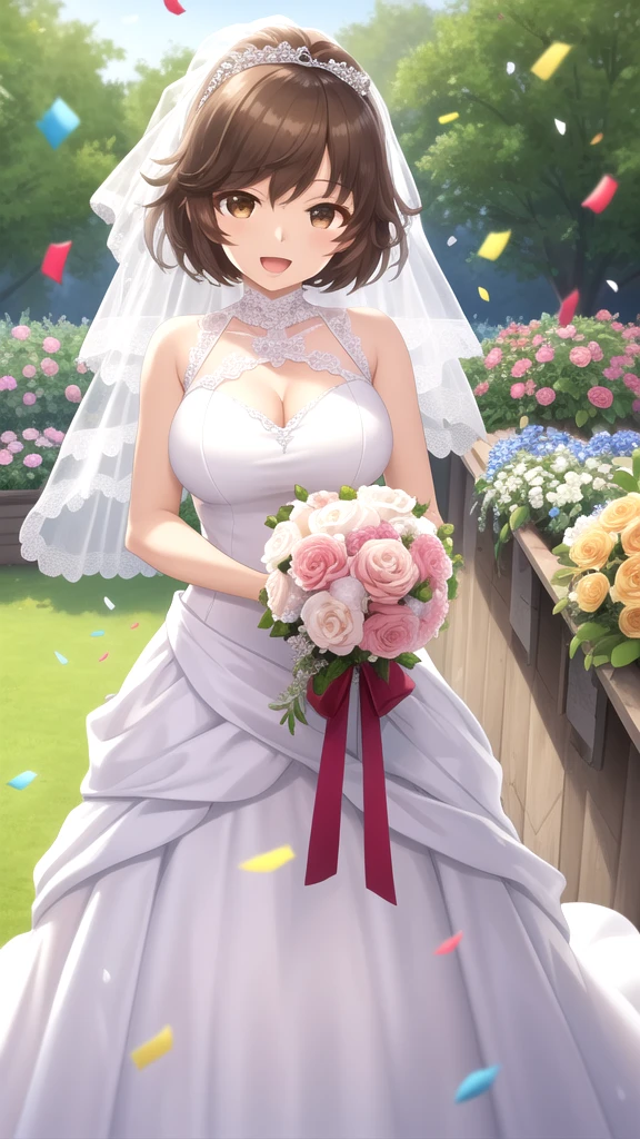 masterpiece, best quality, high quality, girl, solo, looking at viewer, kogure_kawanami, brown hair, brown eyes, large breasts, wedding Dress, standing, garden, confetti, holding bouquet, smile, open mouth,