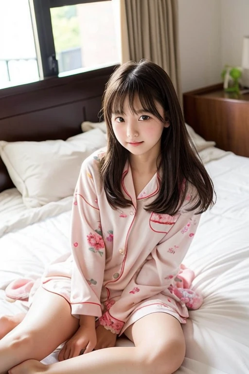 pure and naive middle school student 、 cute floral pajamas、 no makeup、 bed、Sunlight、