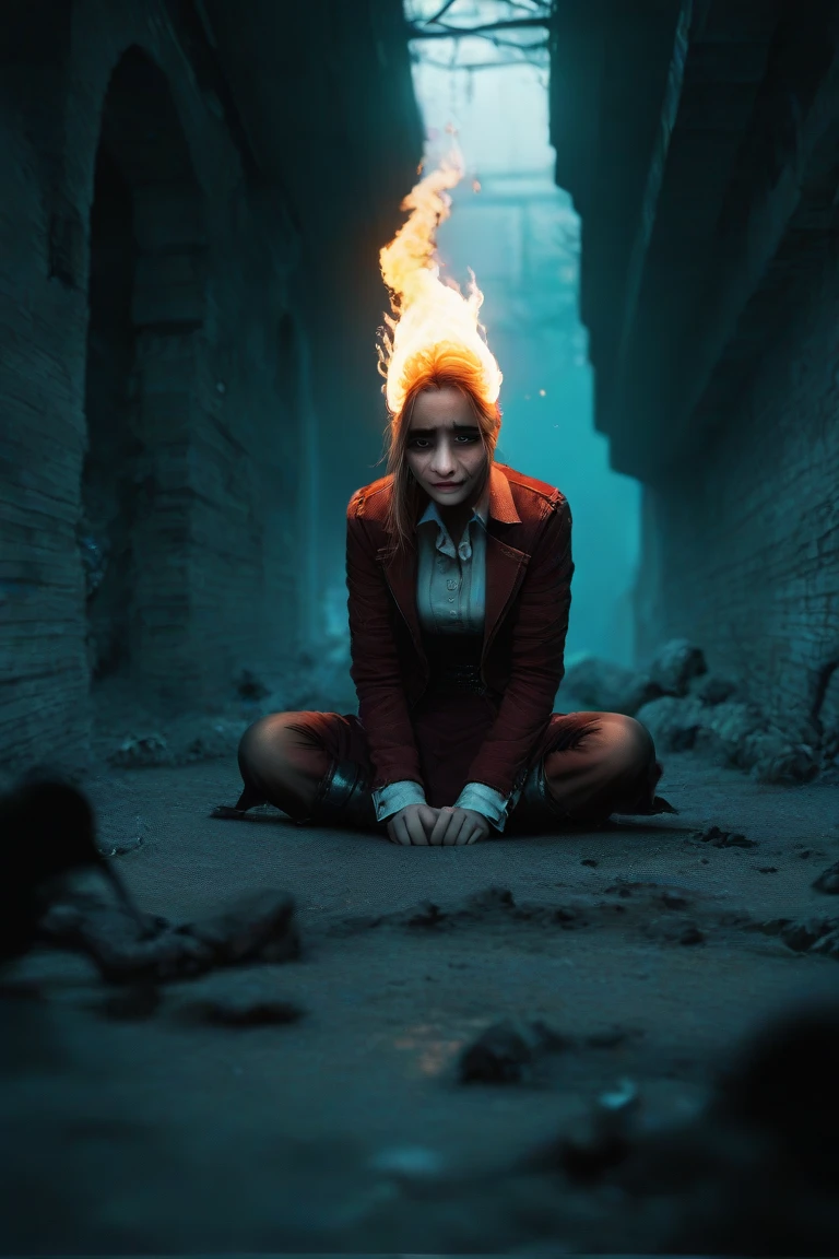 The scene shows Caitlyn Kiramman from the Arcane series,  in a sexy position and a fiery look ,  smiling, In a gloomy environment ,  sad,  in an underground city 