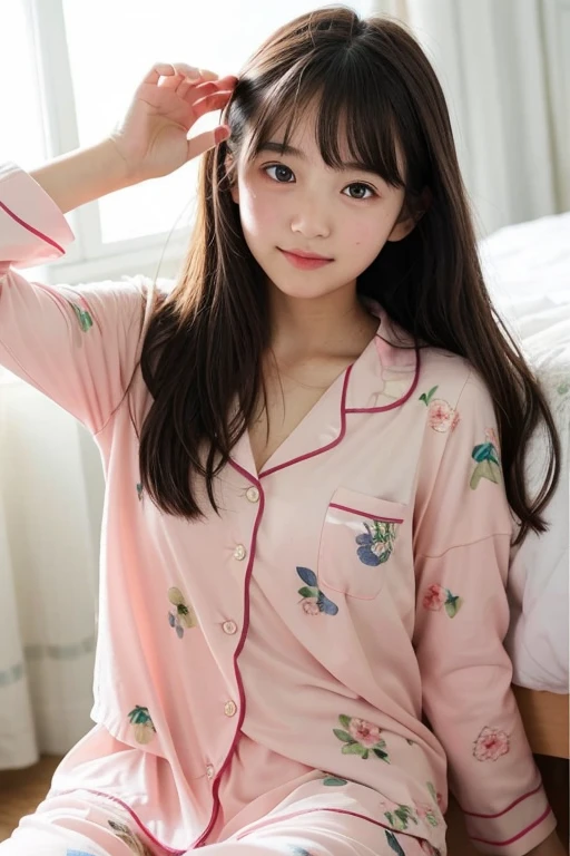 pure and naive  、 cute floral pajamas、 no makeup、 bed、Sunlight、