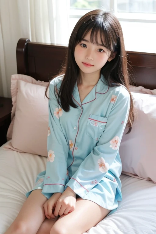 pure and naive middle school student 、 cute floral pajamas、 no makeup、 bed、Sunlight、