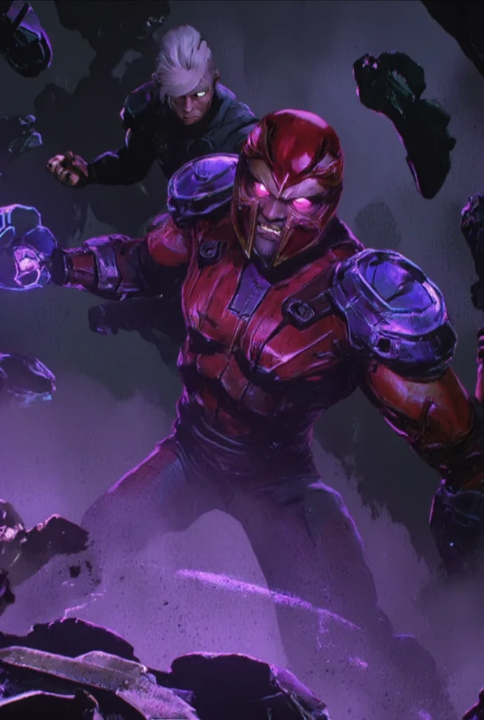 A powerful Arcane-style illustration of Magneto, his red and purple armor reimagined with arcane, glowing lines and metallic textures. His helmet, sleek and polished, has sharp edges and reflects the swirling electromagnetic fields around him. His silver hair flows back, adding a distinguished, regal touch. Magneto's eyes glow with intense red energy as he manipulates a field of metal, bending it with ease. The background shows a dark sky filled with floating debris, as lightning crackles in the distance, charged by his magnetic powers.