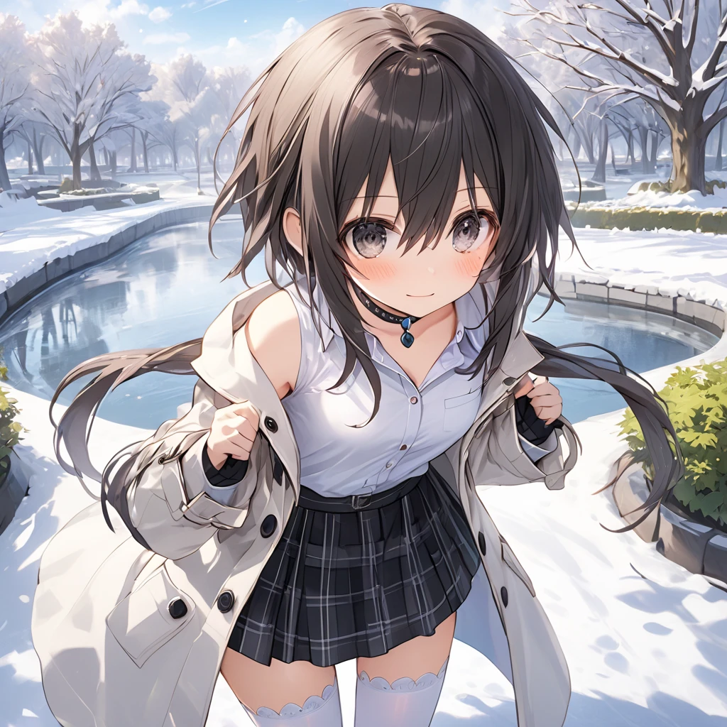 ( 1 girl),blanc \(Neptunia )\,black hair, black eyes,( surprised face:1.5)、blush、(low ponytail:1.5), (long sidelocks:1.5), (Button-down shirt) ,( small tits:1.5),( white overcoat :1.5)、( black plaid mini skirt:1.5),(white thigh high :1.5),choker,Snow Park Walkway 、In front of the pond:1.5、front、 cowboy shot、( perfect anatomy ),( best quality), ( ultra hi-res), (超 high definition ), ( Highly Detailed CG), (32K), (masterpiece)、eyesHD