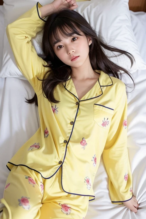 pure and naive middle school student 、cute floral yellow pajamas、 no makeup、 bed、Sunlight、