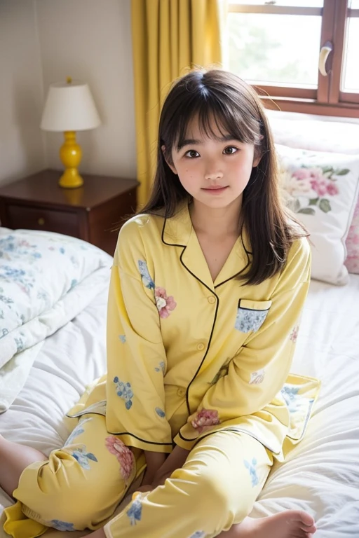 pure and naive middle school student 、cute floral yellow pajamas、 no makeup、 bed、Sunlight、