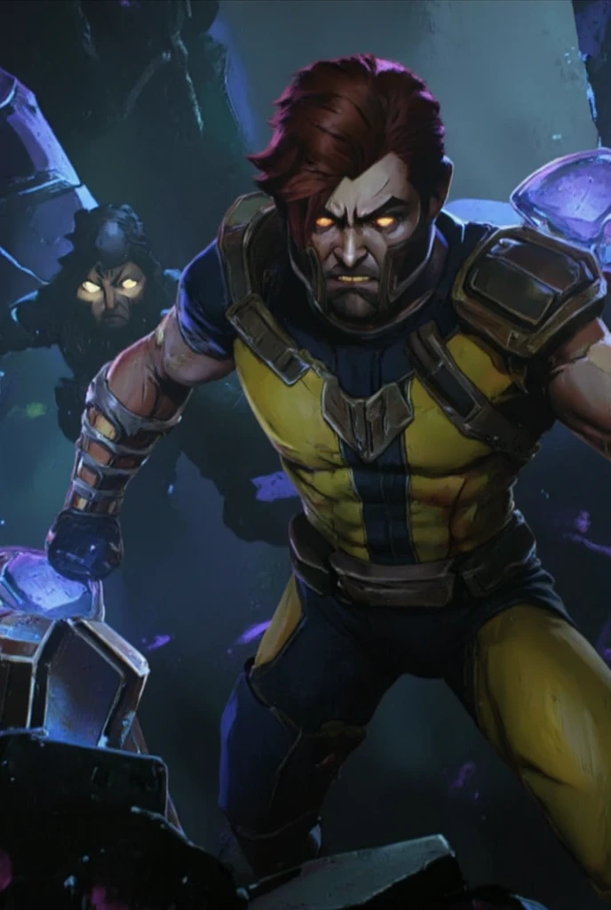 A fierce and rugged Arcane-style depiction of Wolverine, his iconic yellow and blue suit reworked into a more gritty, steampunk-inspired design, with leather straps, reinforced metal plates, and glowing blue accents on the claws. His hair is messy, short, and spiky, with deep brown and black shades that reflect his wild, untamed nature. Wolverine's amber eyes glow faintly as he clenches his claws, ready to strike. The background is a dark alley in a futuristic city, illuminated by flickering neon lights, creating a moody, tense atmosphere.