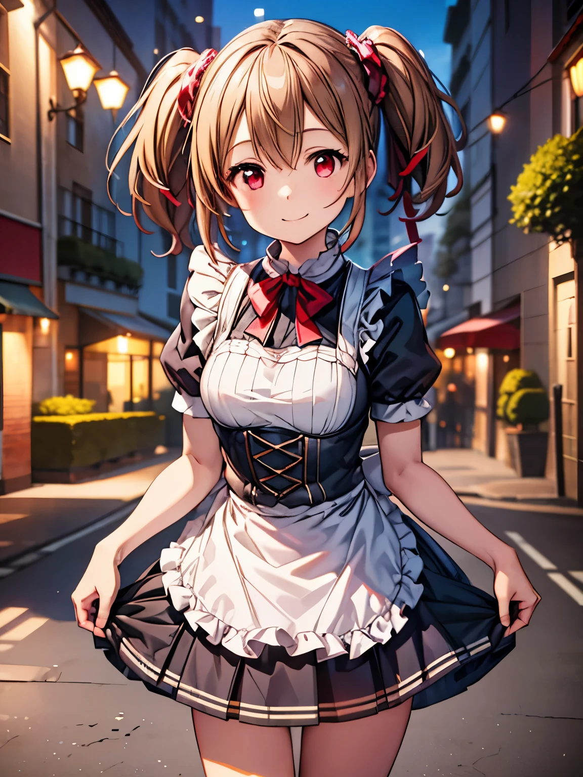  high definition 、 top quality 、 super high quality 、 outdoors on the street at night、amusement park、 One Girl 、solo、 shot from the front 、smile、( anime illustration style:1.10),whole body、 standing、silica、 Victorian Maid Outfit、 Twin Tails 、 red eyes、( real、 photorealistic:1.5)、 super fine paint 、 Sharp Focus 、 looking up with moist eyes、 cowboy shot、smile、 Skirt Hold 