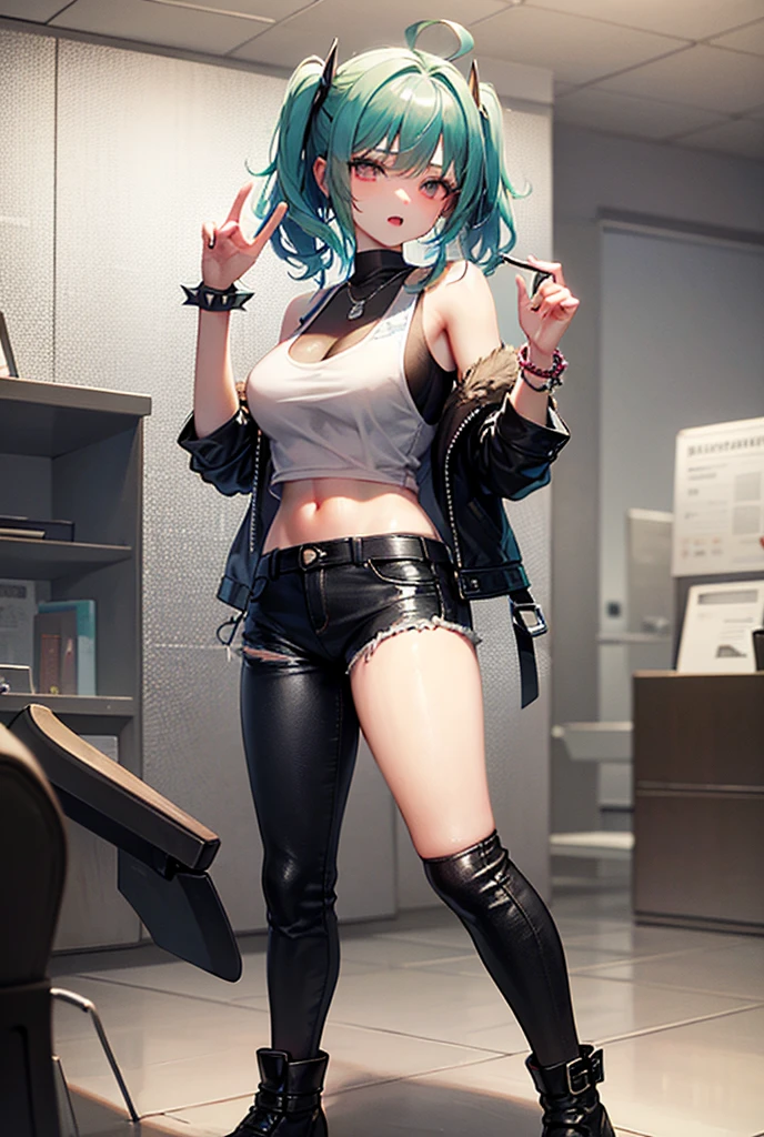 Blue skinned girl with magenta eyes, green hair, leather jacket with fur on the hood and tank top with black leather jeans with spiked rock bracelets 