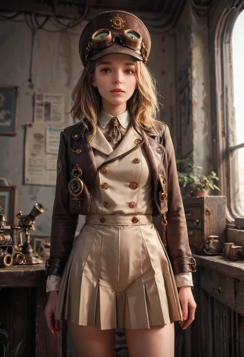 score_9, score_8_up, score_7_up, score_6_up, photo, realism, photorealistic, Industrial steampunk mechanic girl, perfectly detailed face, (hat:0.8), goggles, steampunk beige leather double breasted jacket, beige tweed fabric pleated skirt, (leather laced boots:0.8), intricately detailed brass accessories. Masterpiece, illustrated, highly detailed, industrial background, retro-futuristic,