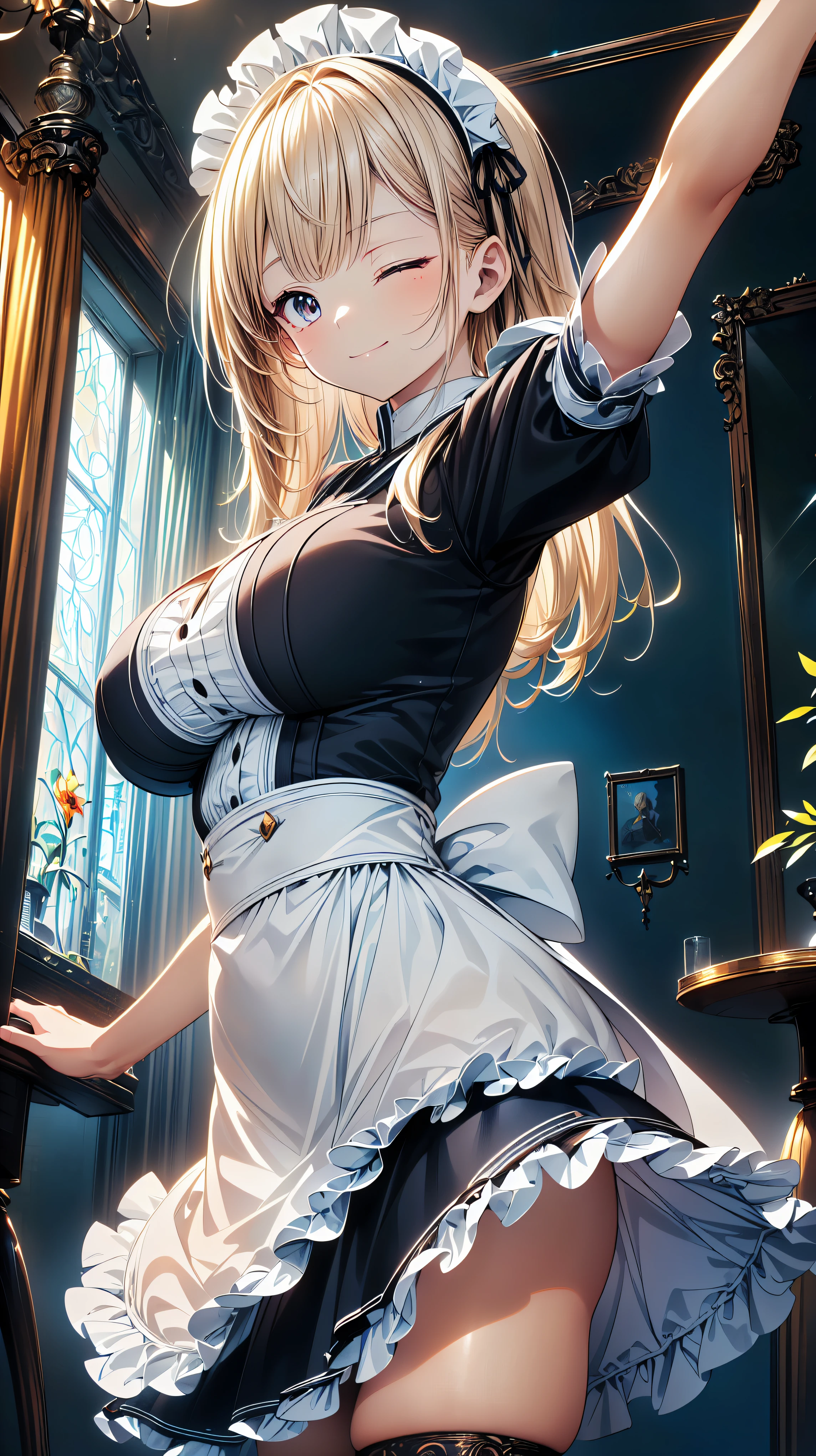 ((exquisite)), ((ultra detailed)), ((best quality)), maid, cute maid, huge breasts, (((asymmetry bangs))), ((smile, one eye closed)), ((looking at viewer, from front view)), caustics, textule shading, super detailed skin, ((perfect anatomy)), ((arm up)), amazing digital paint, (anime moe art style:1.3),