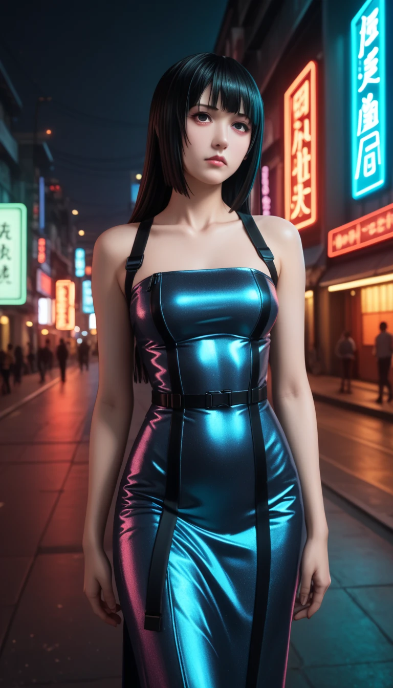         a detailed and beautiful portrait of a 16-year-old Japanese girl,      medium breasts, with healthy appearance , Sensual expression,        tight clothing  , Bold poses ,        detailed embroidery       ,  belly out , Tube top, love league,        high quality, 8k,        photorealistic     ,        dramatic lighting    ,        vivid colors       ,(       masterpiece       ,         top quality       ,  :1.2),  (     cyberpunk urban scene illuminated by neon lights         ), (Alone:1.4), (    Elegant and cool ladies          ),  (      Bright neon details        :1.3), (      serious expression       :1.1), (      Confident and relaxed poses          :1.3),    character clothes Holographic tight pants or skirt for outdoor use    , (       dynamic lighting       ,   Strong contrast ), (      or dress with straps         :1.2), bare arms, anime kakegurui  ,   ,   long black hair  , Sensual, Yumeko 