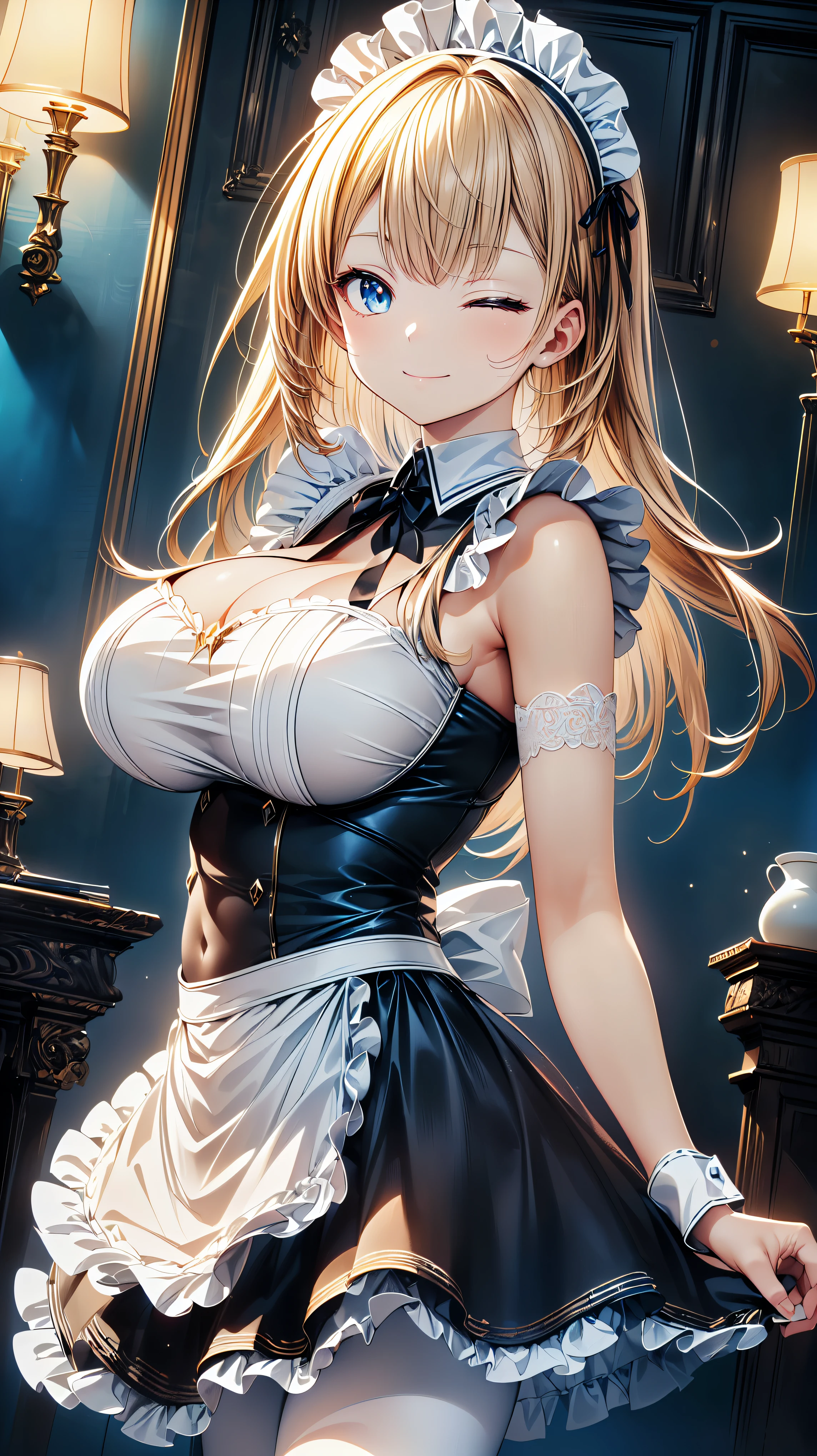 ((exquisite)), ((ultra detailed)), ((best quality)), maid, cute maid, huge breasts, (((asymmetry bangs))), ((smile, one eye closed)), ((looking at viewer, from front view)), caustics, textule shading, super detailed skin, ((perfect anatomy)), ((reaching)), amazing digital paint, (anime moe art style:1.3),