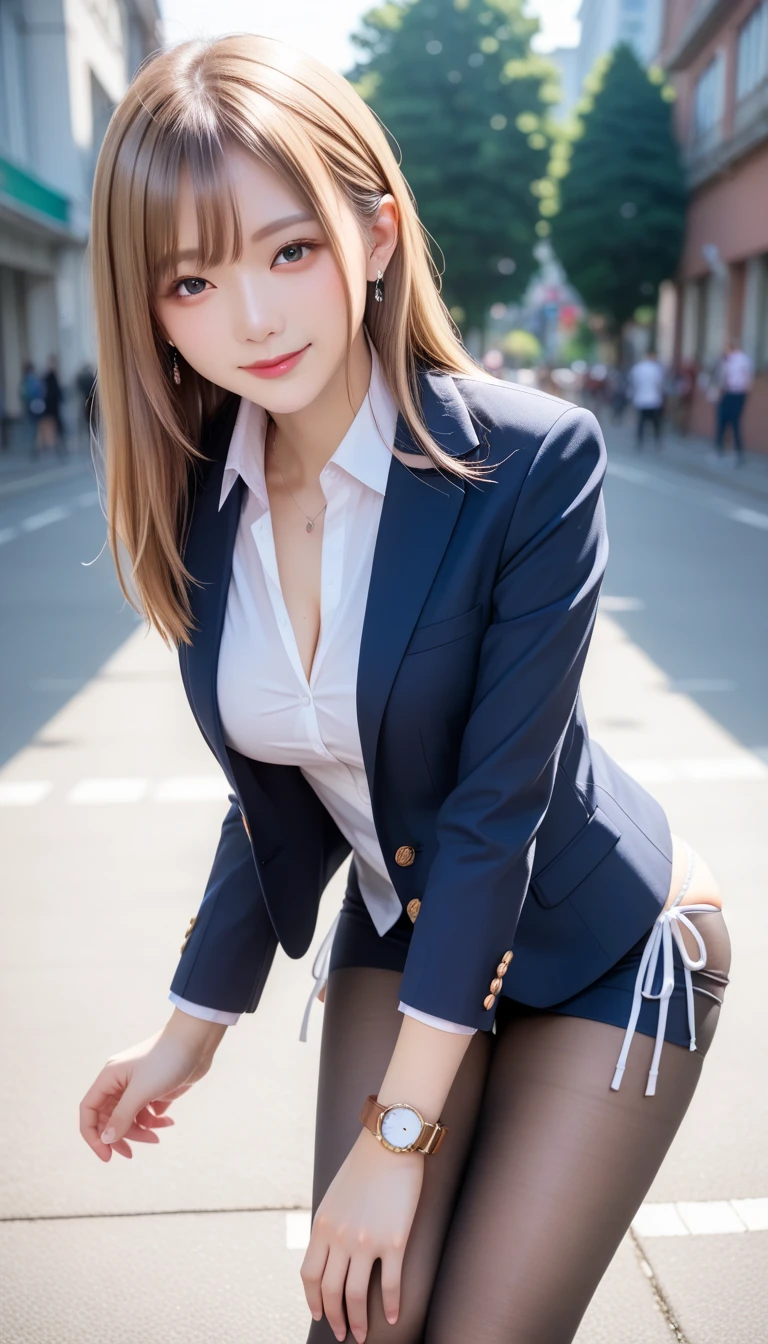 ((cowboy shot)), Shot from a random perspective, 22-year-old Asian model, slim, Slimming the waist, curlies, 校服, Black blazer, White pleated skirt, warm lights, Warm tones Slender legs, Cross ed leg, In the park, Sit Pose, sitting on a bench, blonde hair, streaked hair, hair ornament, heart-shaped pupils, makeup, light smile, shy, licking lips, Romanticism, Social realism, chiaroscuro, motion blur, anaglyph, Sony FE GM, UHD, masterpiece, textured skin, super detail, best quality