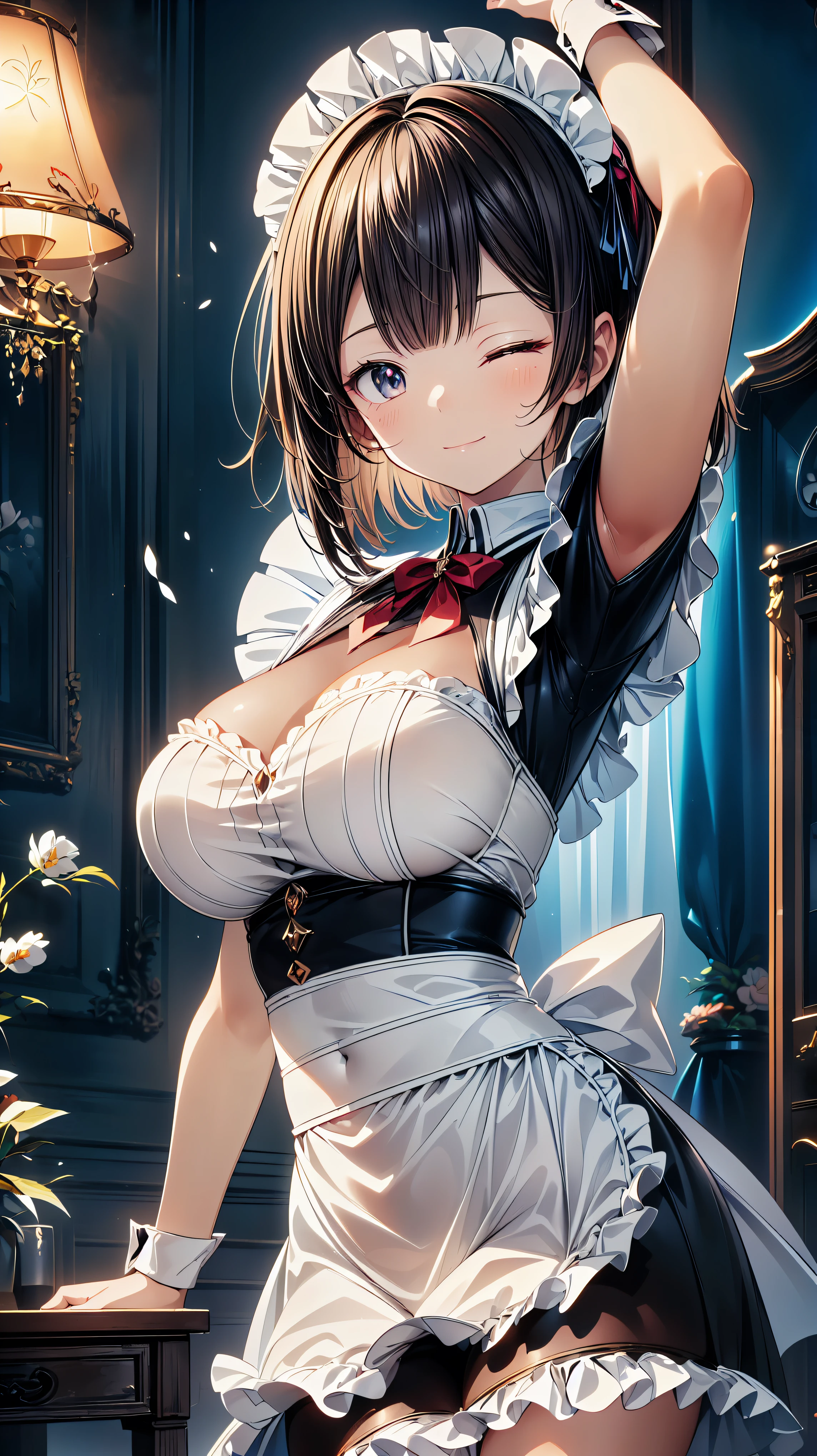 ((exquisite)), ((ultra detailed)), ((best quality)), maid, cute maid, huge breasts, (((asymmetry bangs))), ((smile, one eye closed)), ((looking at viewer)), caustics, textule shading, super detailed skin, ((perfect anatomy)), ((arm up)), amazing digital paint, (anime moe art style:1.3),