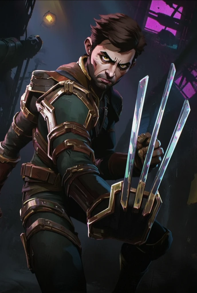 A fierce and rugged Arcane-style depiction of Wolverine, his iconic yellow and blue suit reworked into a more gritty, steampunk-inspired design, with leather straps, reinforced metal plates, and glowing blue accents on the claws. His hair is messy, short, and spiky, with deep brown and black shades that reflect his wild, untamed nature. Wolverine's amber eyes glow faintly as he ((clenches his  long claws)), ready to strike. The background is a dark alley in a futuristic city, illuminated by flickering neon lights, creating a moody, tense atmosphere.