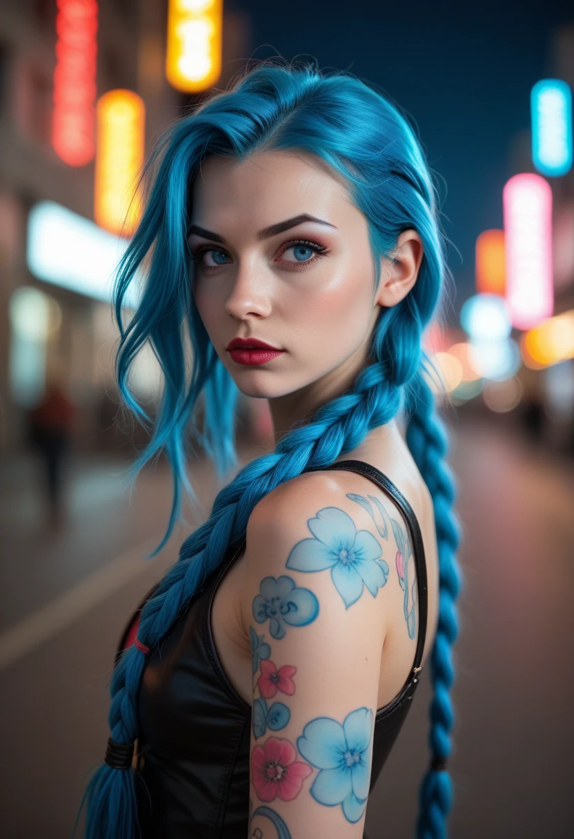 Cover, painting of a girl with long blue hair in a white t-shirt on one side of a tattooed cyberpunk space with details, luminism, strip lighting, complex, head and shoulders portrait, 4k concept art portrait by Greg Rutkowski, artgram, WLOP, Alphonse Mucha