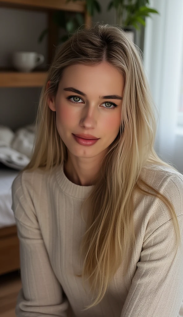 a breathtaking beauty photo of a beautiful woman <lora:VictoriaSilvstedt:1>, ultra blonde hair, long hair, simple neutral dark background, dramatic rim lighting, fill lighting,  increased detail, increased sharpness, increased contrast, looking at viewer,  OverallDetail,   fcHeatPortrait, dutch angle, wearing a white turtleneck sweater