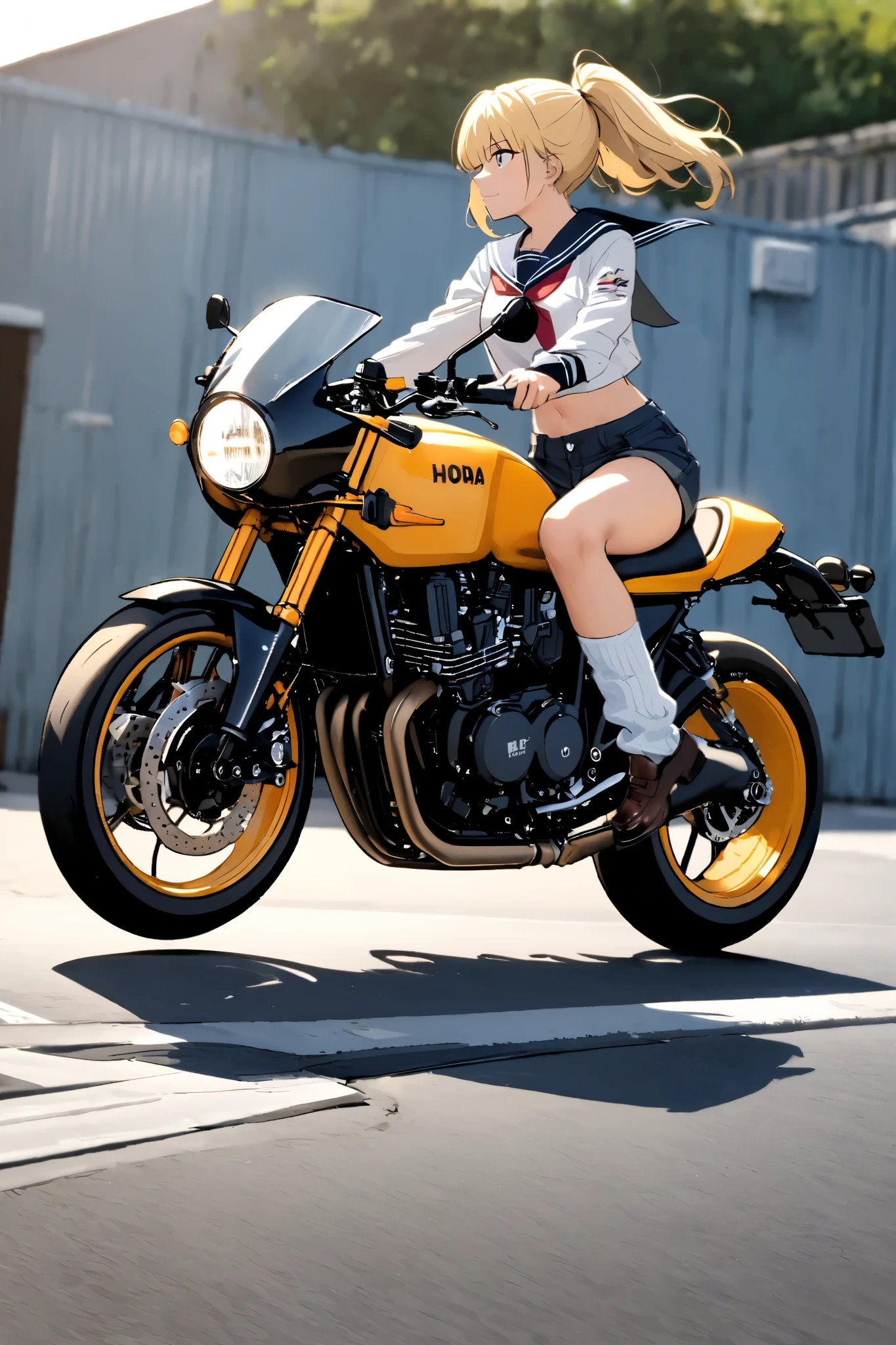 1 high school girl rides a motorcycle tuned to Honda CBX400F cafe racer specifications, a separate handlebars, rocket cowl, sailor suit, loose socks, loafers, glossy brown skin, small breasts, video, Yellow Hair, ponytail, 