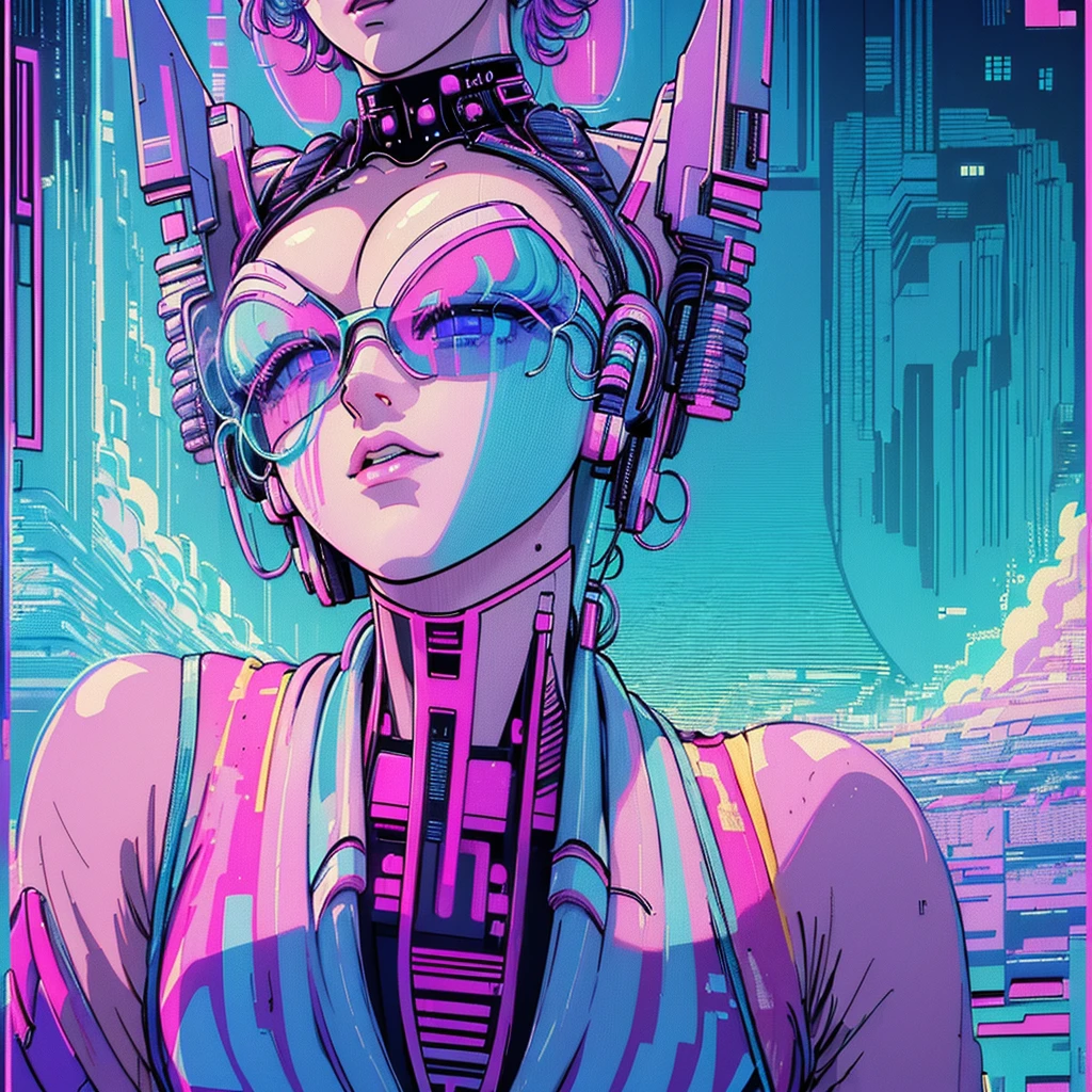 (((  Masterpiece  ,   top quality ))),32K Wallpaper,   very detailed, Poster,  retro vintage Sci-fi,(((((vaporwave))))),(((Absolutely Simple Background ))),(((Cleavage))),neon color duotone