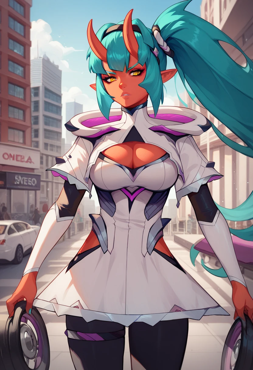 octavia, horns, pointy ears, clothing cutout, cleavage, blue hair, oni horns, yellow eyes, colored skin, long hair, cleavage cutout, red skin, medium breasts, oni, aqua hair, large breasts, dress, city,building, cowboy shot, serious, looking at viewer,