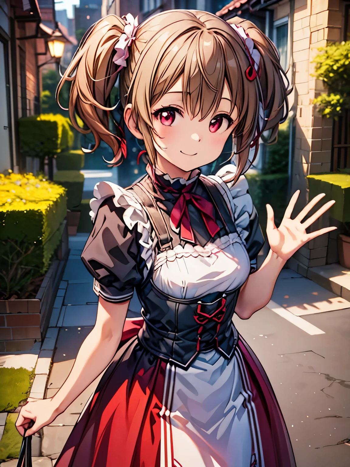  high definition 、 top quality 、 super high quality 、 outdoors on the street at night、 Gardening 、 One Girl 、solo、 shot from the front 、smile、( anime illustration style:1.10),whole body、 standing、silica、 Victorian Maid Outfit、 Twin Tails 、 red eyes、( real、 photorealistic:1.5)、 super fine paint 、 Sharp Focus 、 looking up with moist eyes、 cowboy shot、smile、 waving