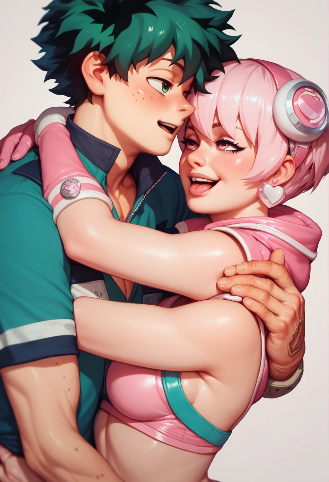 Generate an image of Gwenpool embracing the character Izuku Midoriya