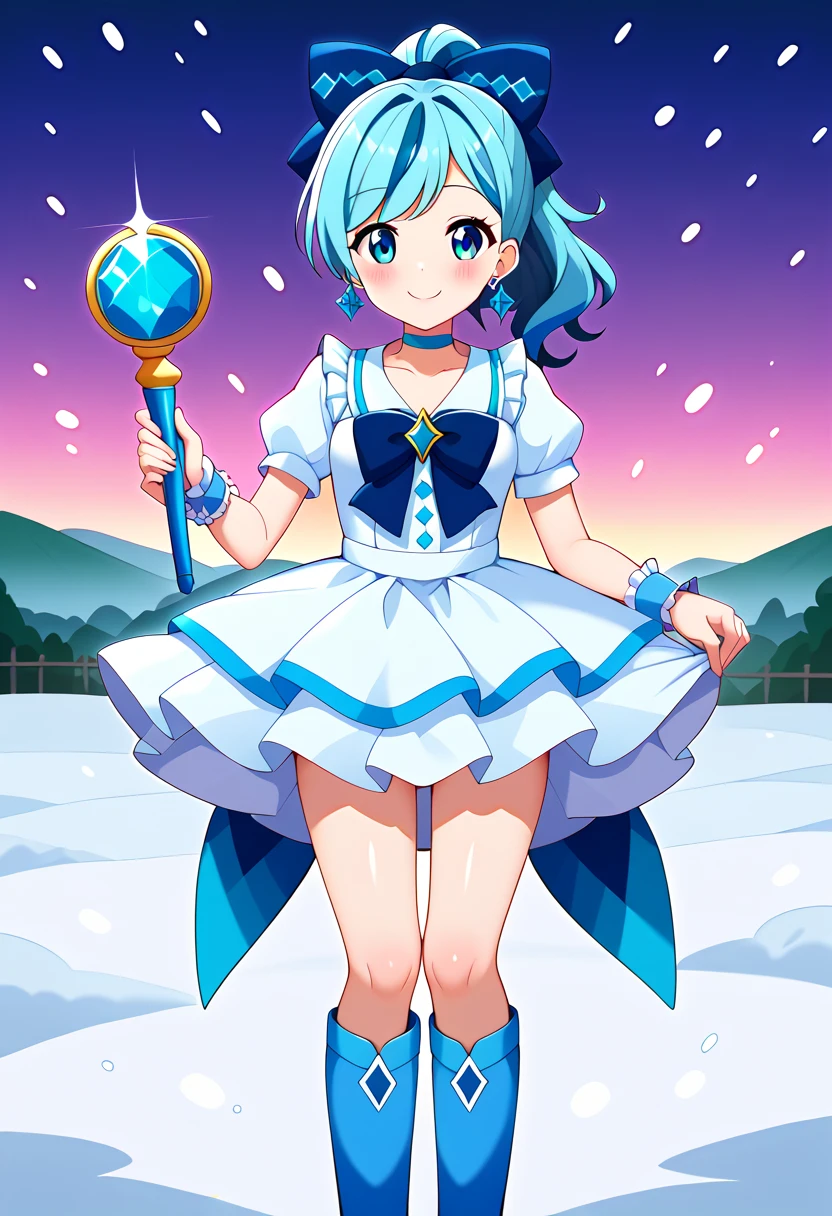 masterpiece, best quality,1girl, a short blue frilly dress, dress ribbon, indigo back hair bow, blue eyes, smiling happily, short puffy sleeves, blue choker,  wrist cuffs, dress that often reaches just above the knee, ruffles, long beautiful turquois hair, high ponytail, blushing, holding a magical scepter wand with a sky-blue heart on it, diamond indigo earrings, angel wing light blue boots, icy winter background/landscape, snowing