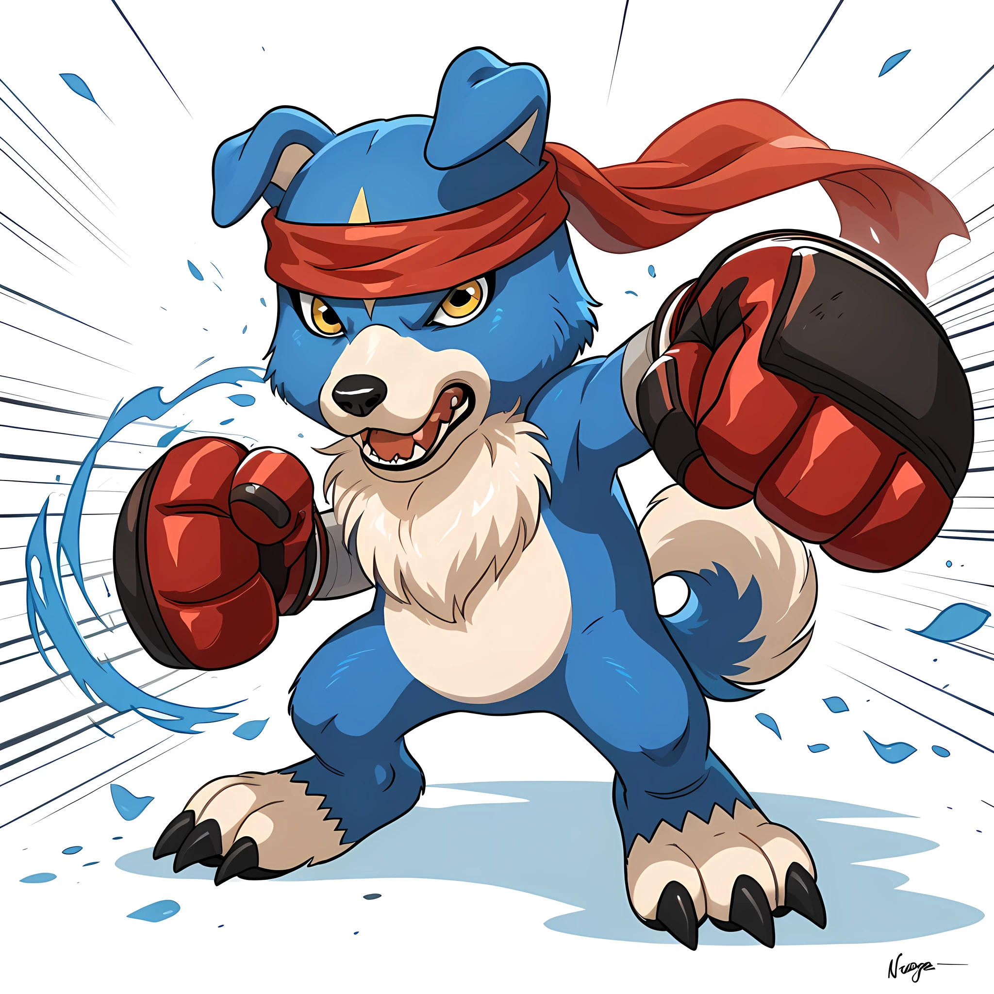 source_anime, cartoon, gaomon (character), digimon (creature), dog boy, blue body, headband, yellow eyes, boxing gloves, white background, detailed, (cel shaded, flat colors):1.5, by wfa, by negger, punching at viewer, muscular, muscular legs