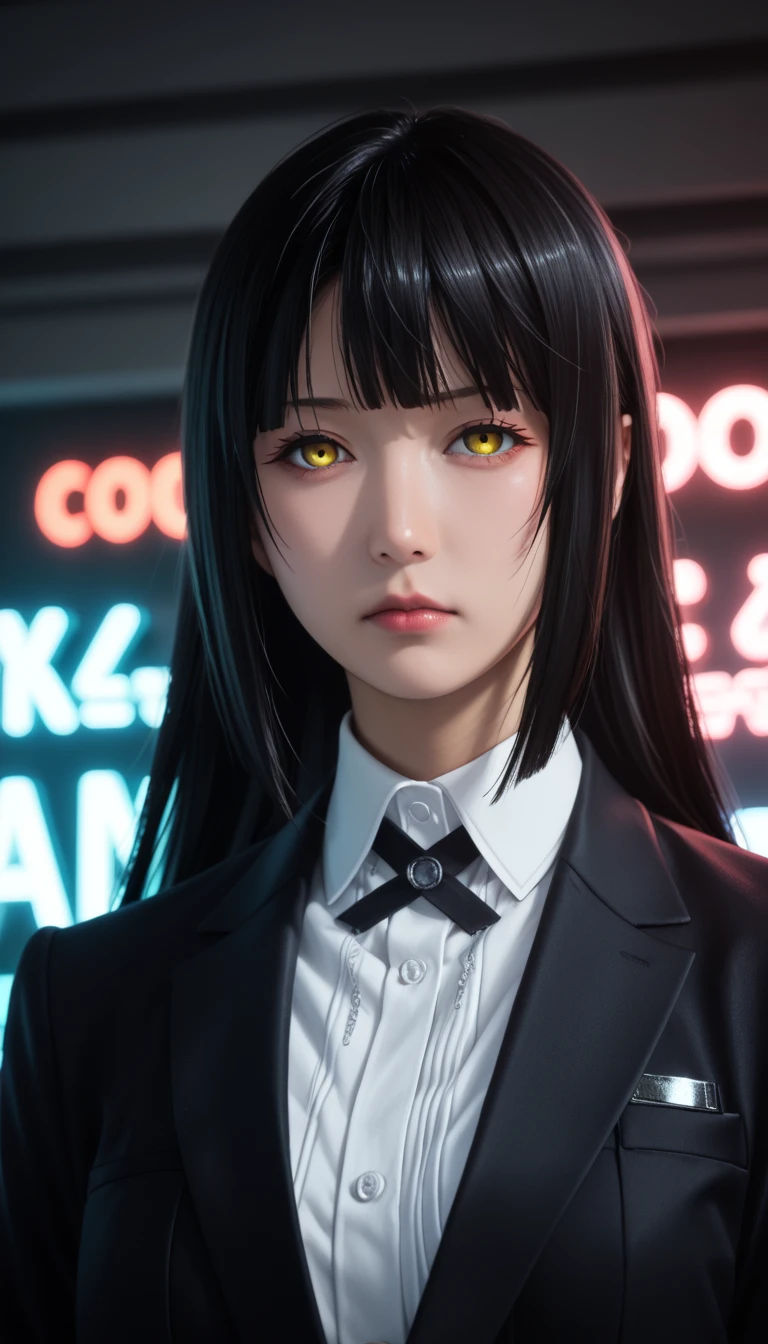         a detailed and beautiful portrait of a 16-year-old Japanese girl,      medium breasts, with healthy appearance , Sensual expression,        tight clothing  , Bold poses ,        detailed embroidery       ,   high quality, 8k,        photorealistic     ,        dramatic lighting    ,        vivid colors       ,(       masterpiece       ,         top quality       ,  :1.2),  (    cyberpunk urban scene illuminated by neon lights         ), (Alone:1.4), (     Elegant and cool   ),  (      Bright neon details        :1.3), (      serious expression       :1.1), (      Confident and relaxed poses          :1.3), holographic outdoor clothing     , (       dynamic lighting       ,   Strong contrast ), anime kakegurui  ,   ,   long black hair  , Sensual,  clothing of the character Yumeko from Kakegurui , School clothes, 