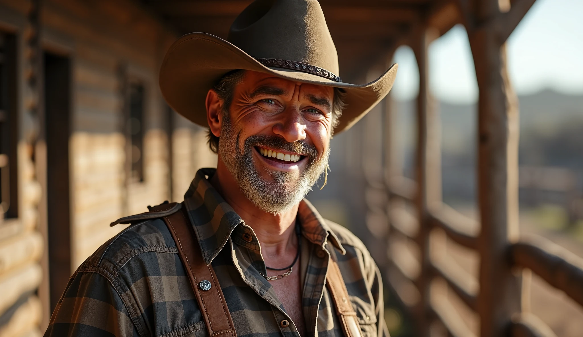 horse coral setting, 35 year old white male worn wrinkled faced, no facial beard, a small piece of straw in his mouth, cowboy hat, cowboy belt buckle, wearing a plaid dress shirt, no tie, smiling big