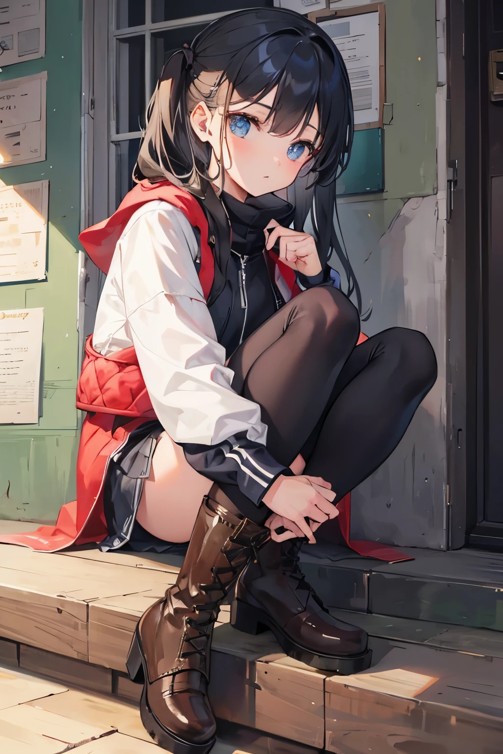 zettai ryouiki, Hoodie,short hair, Black hair, Flat chest, 1girl, Red eyes,teens girl,hair pin,Solo, Morning,full body, highres,blue sky,City,Sit down,The sunset is dazzling